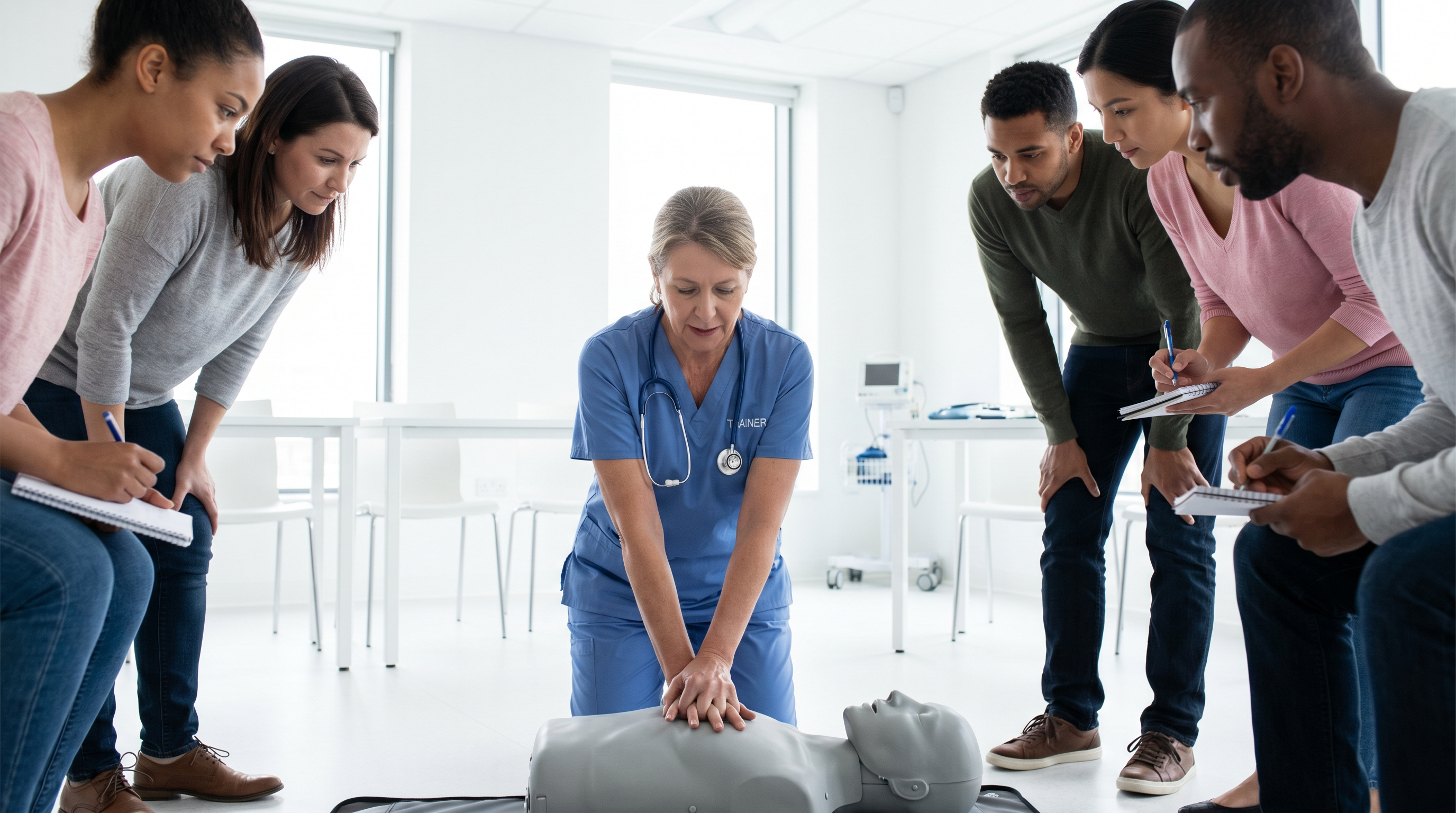 First aid responder performing CPR in a UK workplace setting