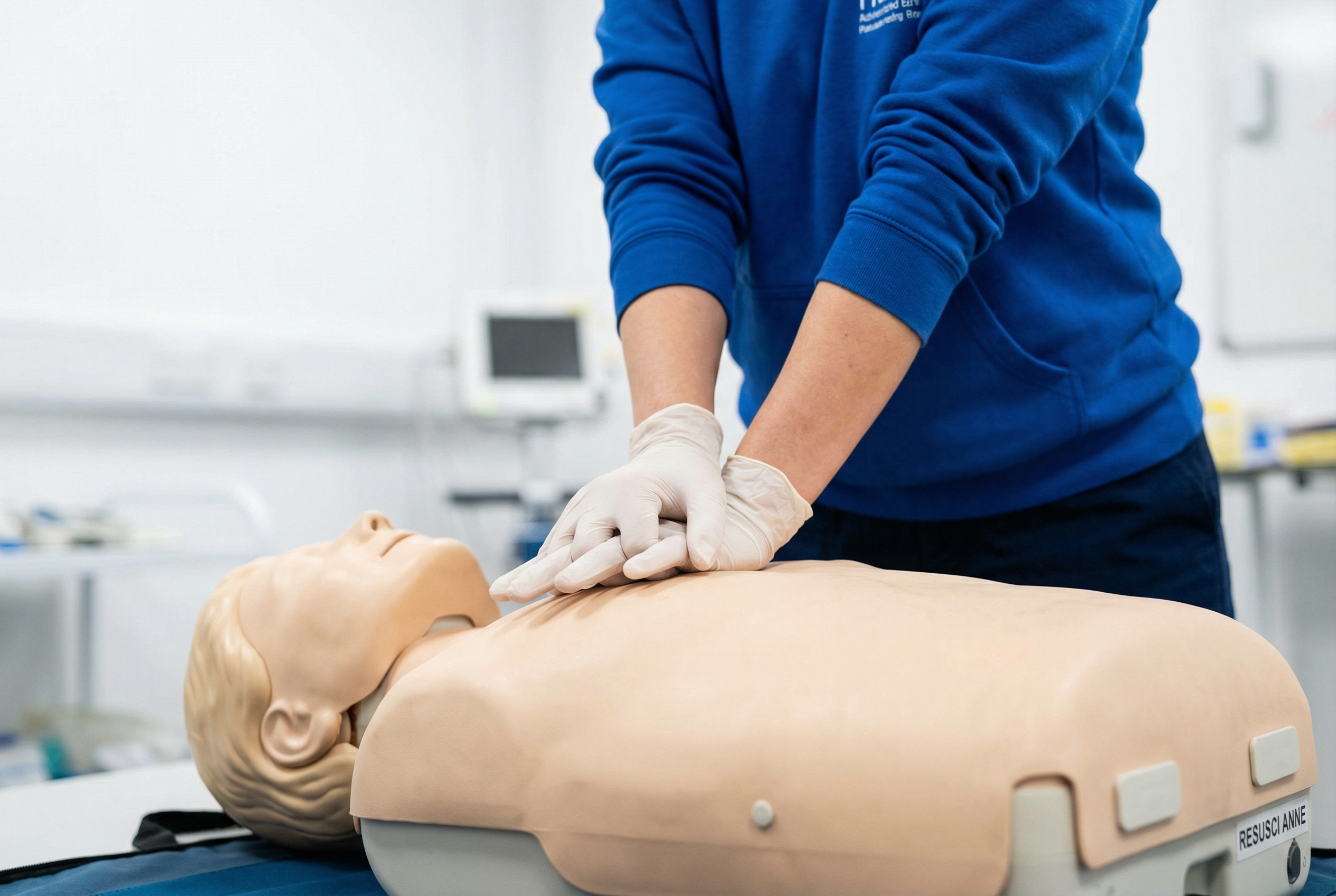 First aid trainer teaching CPR to a group